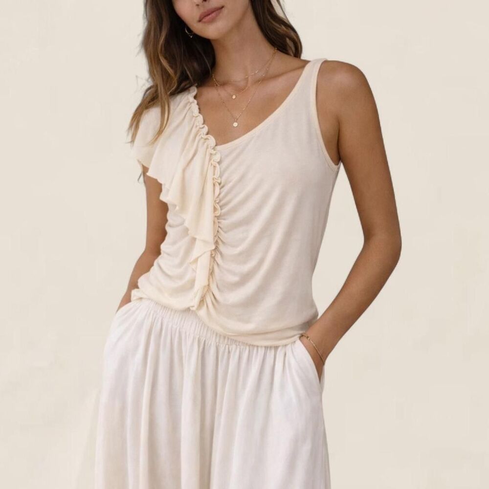 vintage whimsi boho y2k cream asymmetrical ruffle fairycore top | medium